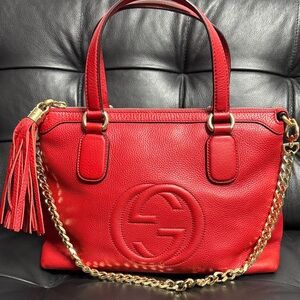 Gucci Soho Red Leather Shoulder Bag with Gold Chain and Leather Tassel